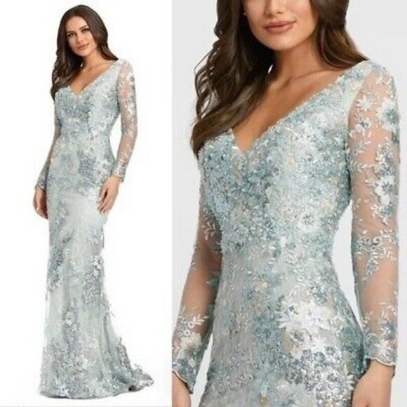 Mac Duggal Sea Mist Green Embellished Illusion Long Sleeve Gown - Picture 1 of 2